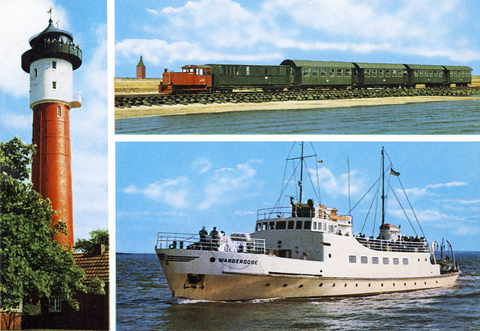 Mehrbildkarte mit Leuchtturm, Bahn und Schiff